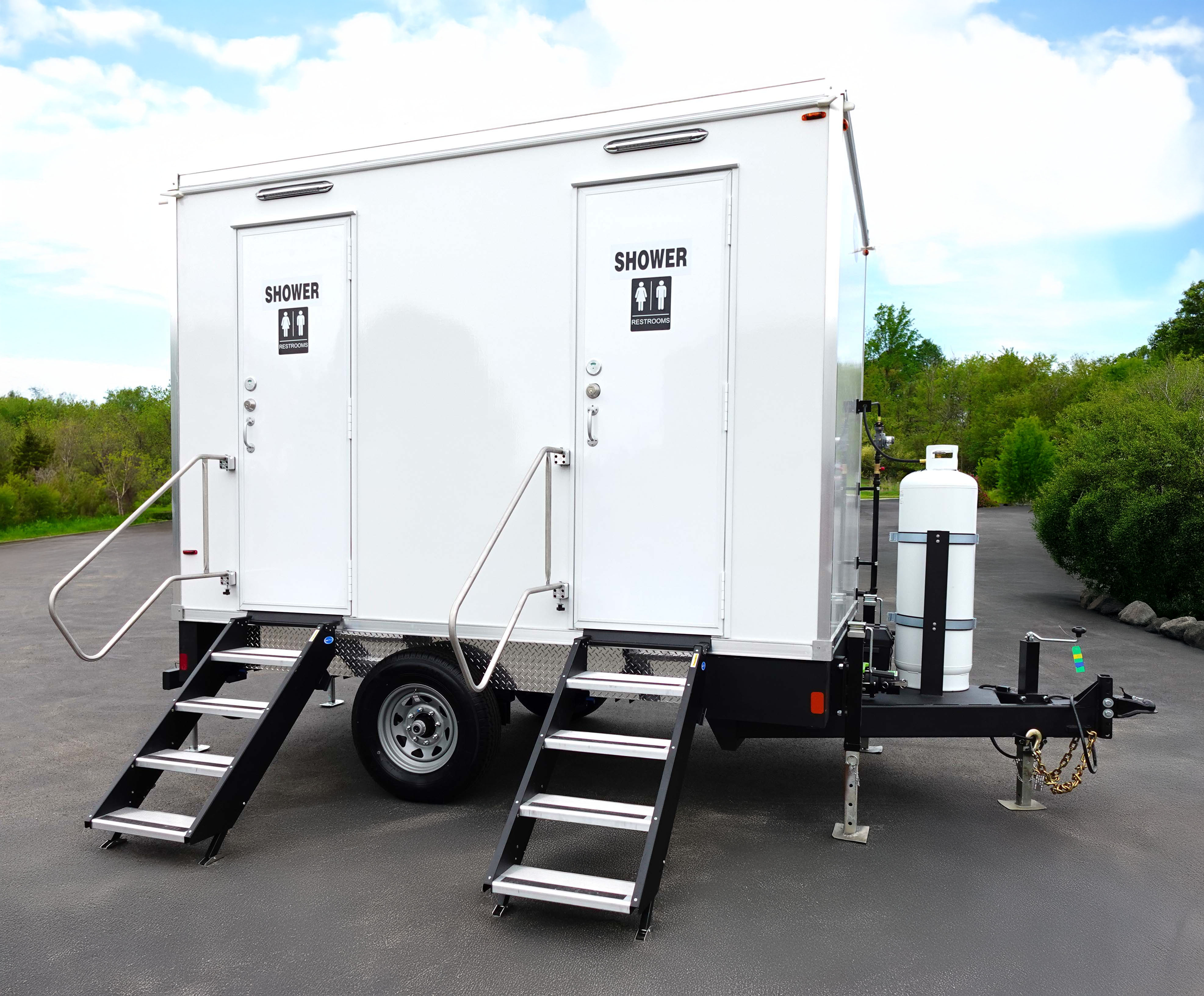 Combo Trailer for Texas Residential Use. Restroom and shower combo trailer rental from The Lavatory Texas fleet