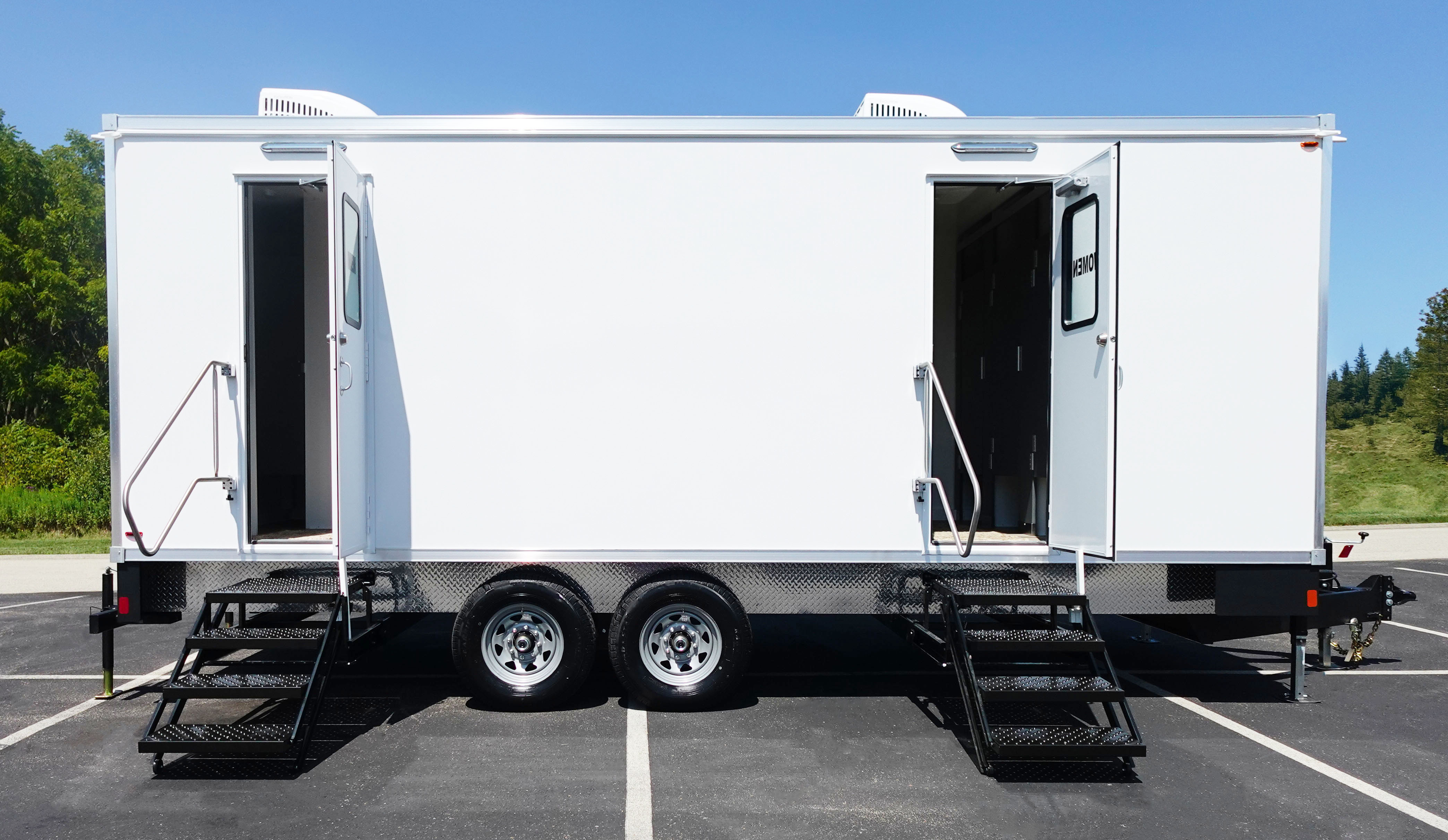 Restroom Trailer for Texas Rural Use. Luxury restroom trailer rental from The Lavatory Texas fleet