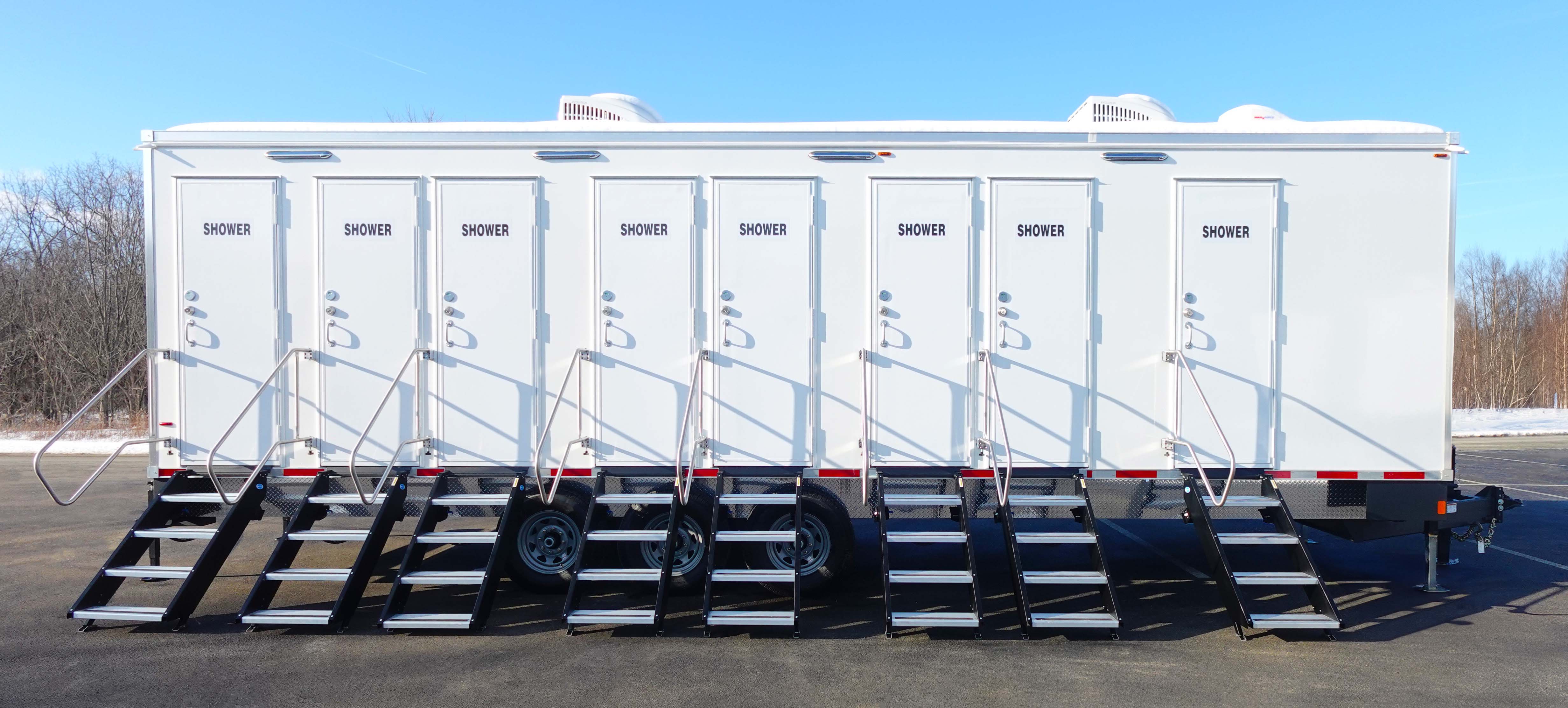 8 station private shower trailer rental Texas. Eight private shower cabins with exterior hand wash stations